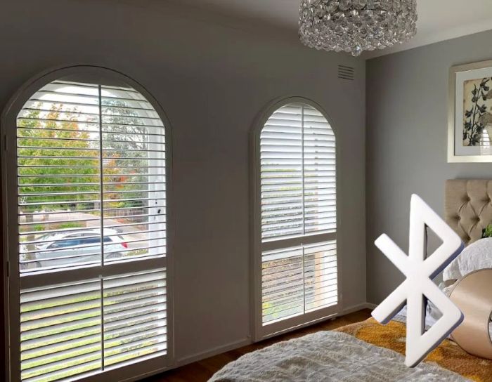Plantation shutters with bluetooth connectivity.
