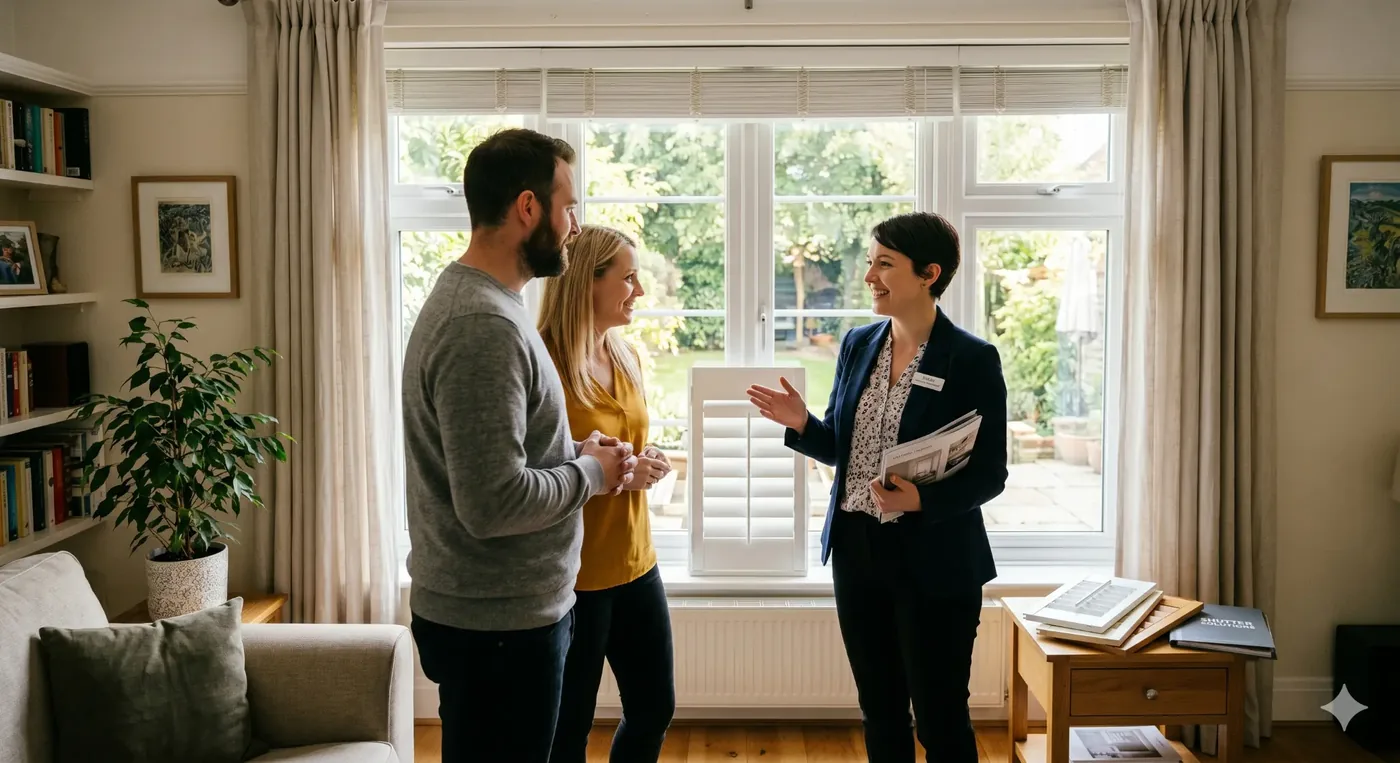 In-home plantation shutter consultation Melbourne — consultant measuring windows at customer's home