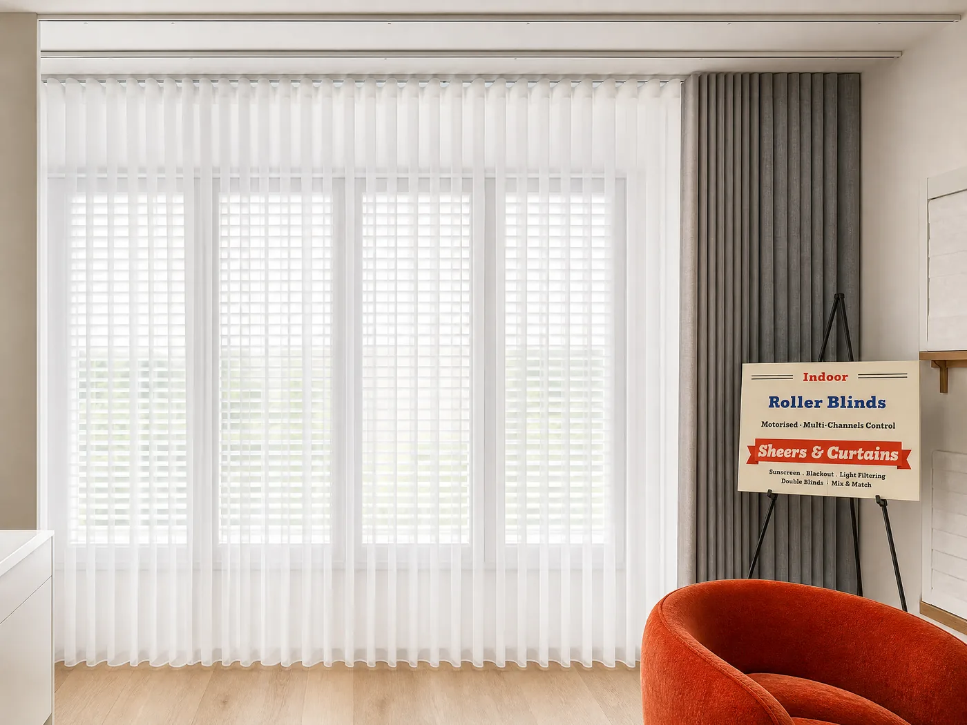 Sheer curtains display at Pascoe Vale South showroom — fabric samples and hanging panels