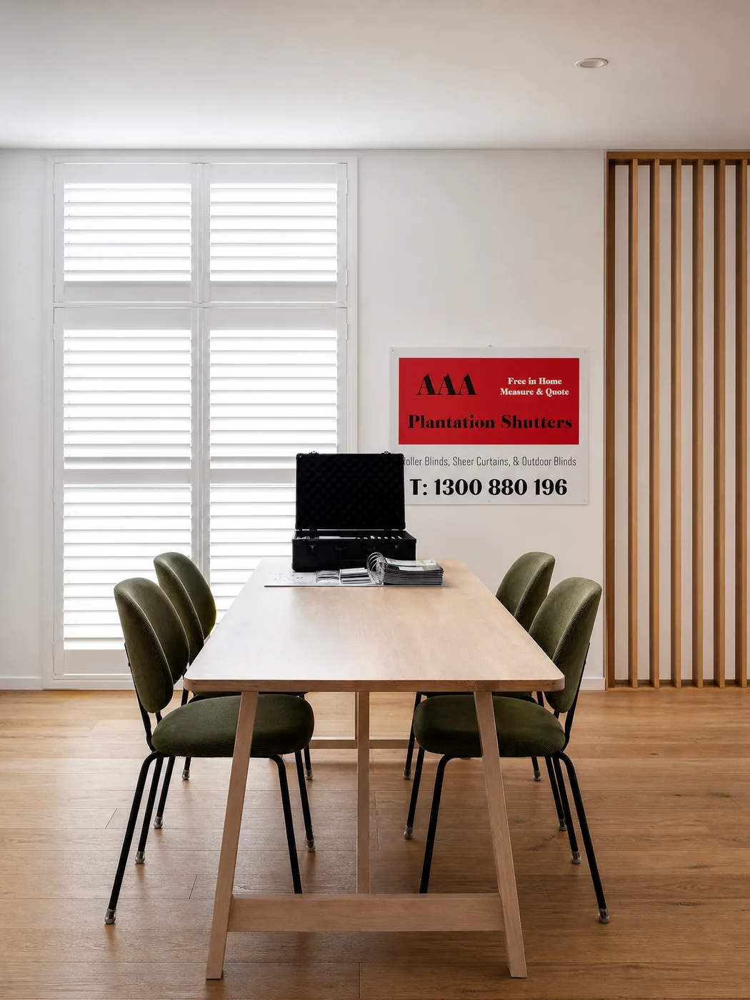 Showroom consultation room interior — private seating area for discussing custom shutter orders