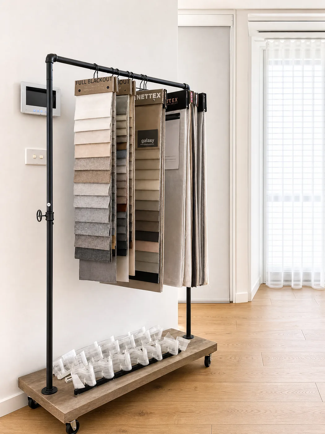 Shutters, curtains and fabric samples on display — Melbourne showroom product range