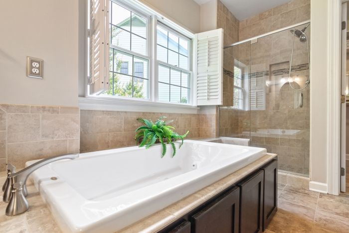 Modern bathroom with plantation shutters